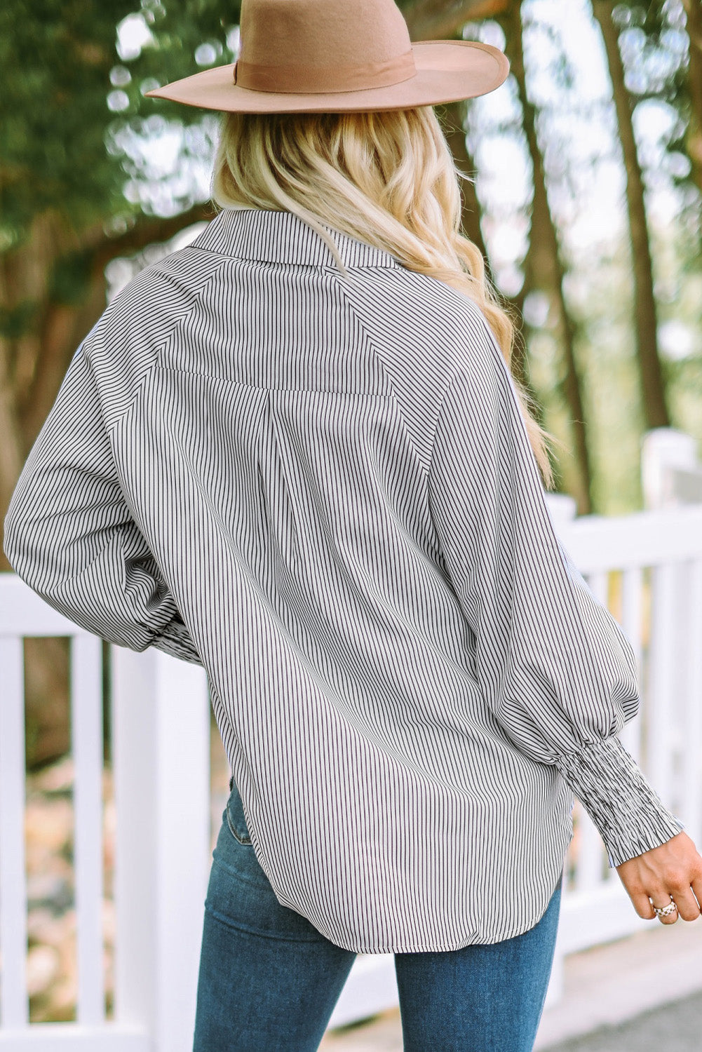 Striped Lantern Sleeve Shirt with Pocket