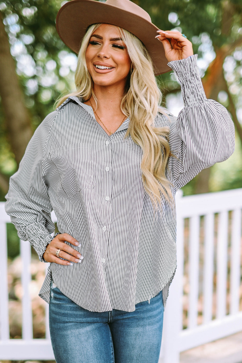 Striped Lantern Sleeve Shirt with Pocket