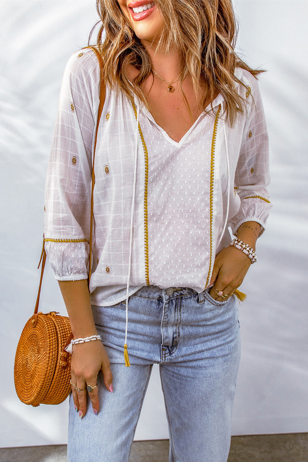 Embroidered Contrast Trim Swiss Dot Blouse