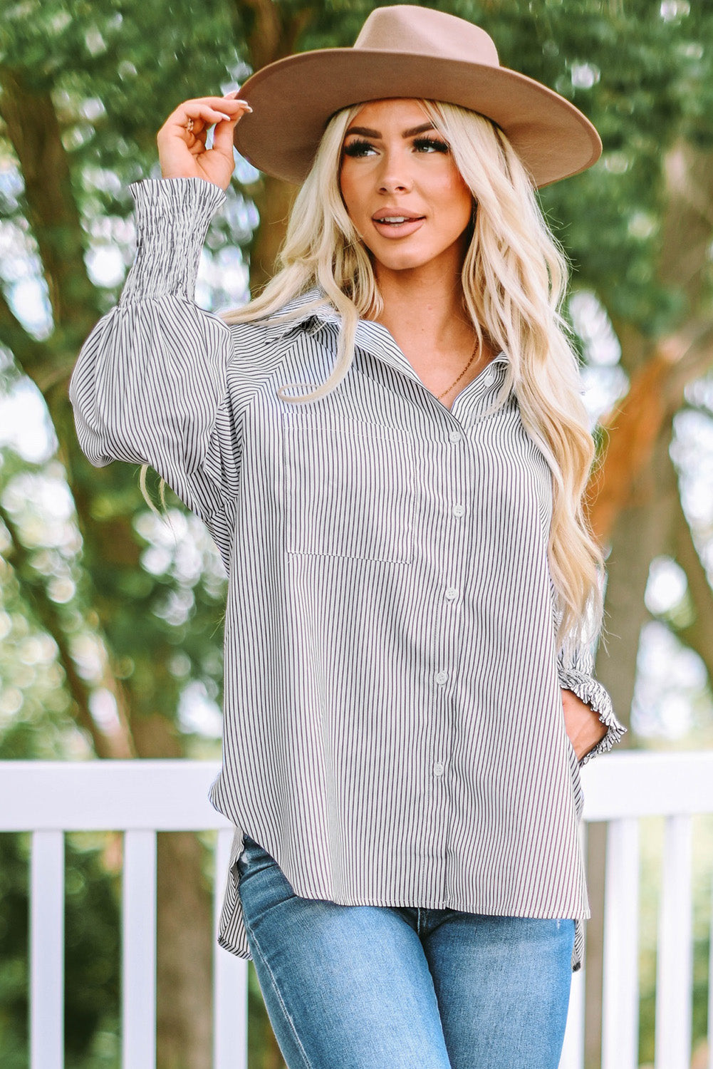 Striped Lantern Sleeve Shirt with Pocket