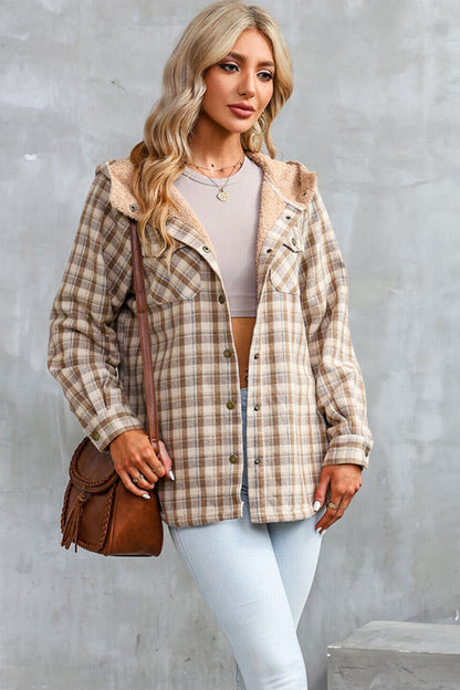 Plaid Snap Down Hooded Jacket