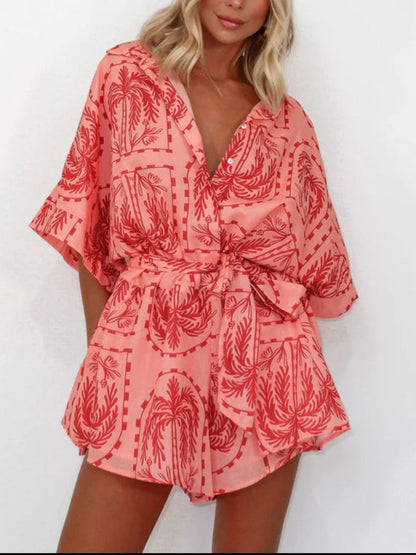 Printed Tie Waist Half Sleeve Romper