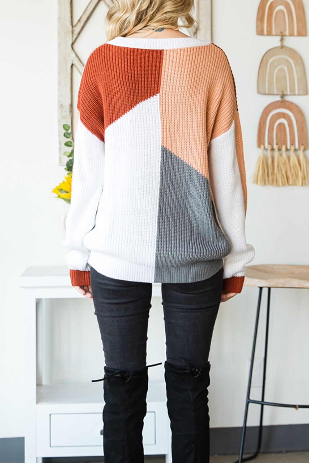 Color Block Drop Shoulder Long Sleeve Sweater