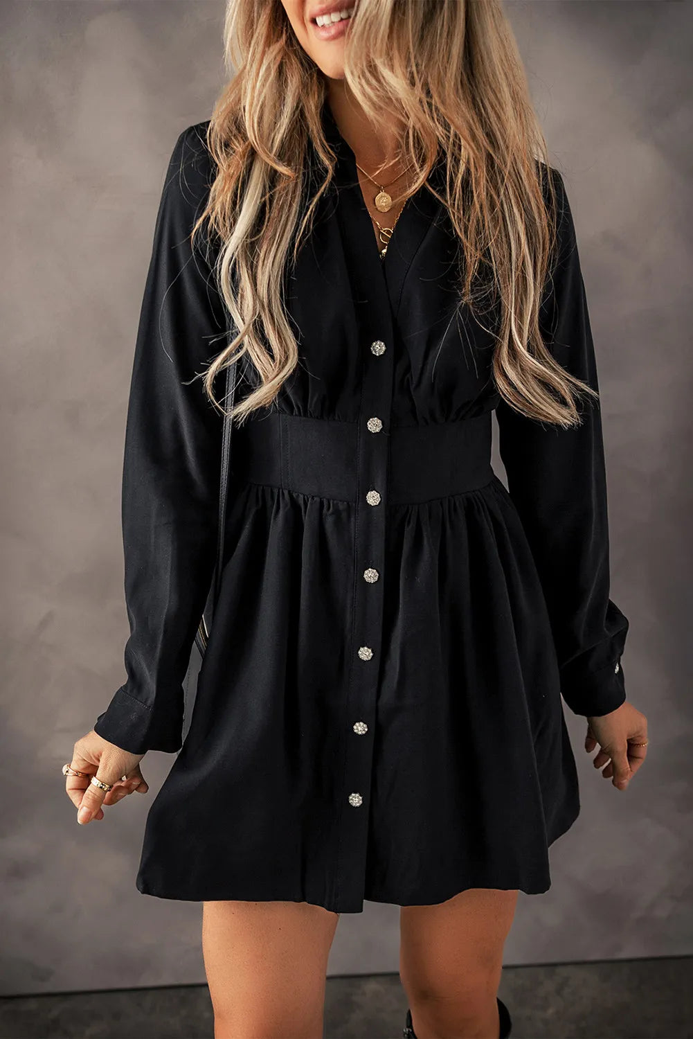 Ruched Button Up Long Sleeve Dress