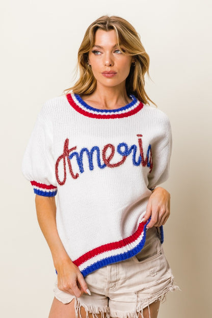 BiBi Metallic America Letter Short Sleeve Sweater