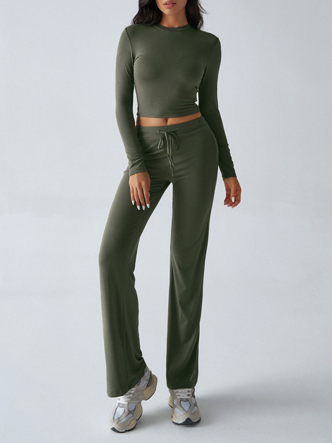 Devine Round Neck Long Sleeve Top and Drawstring Pants Set