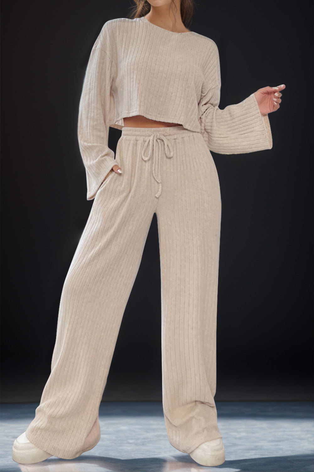 Round Neck Long Sleeve Top and Pants Set