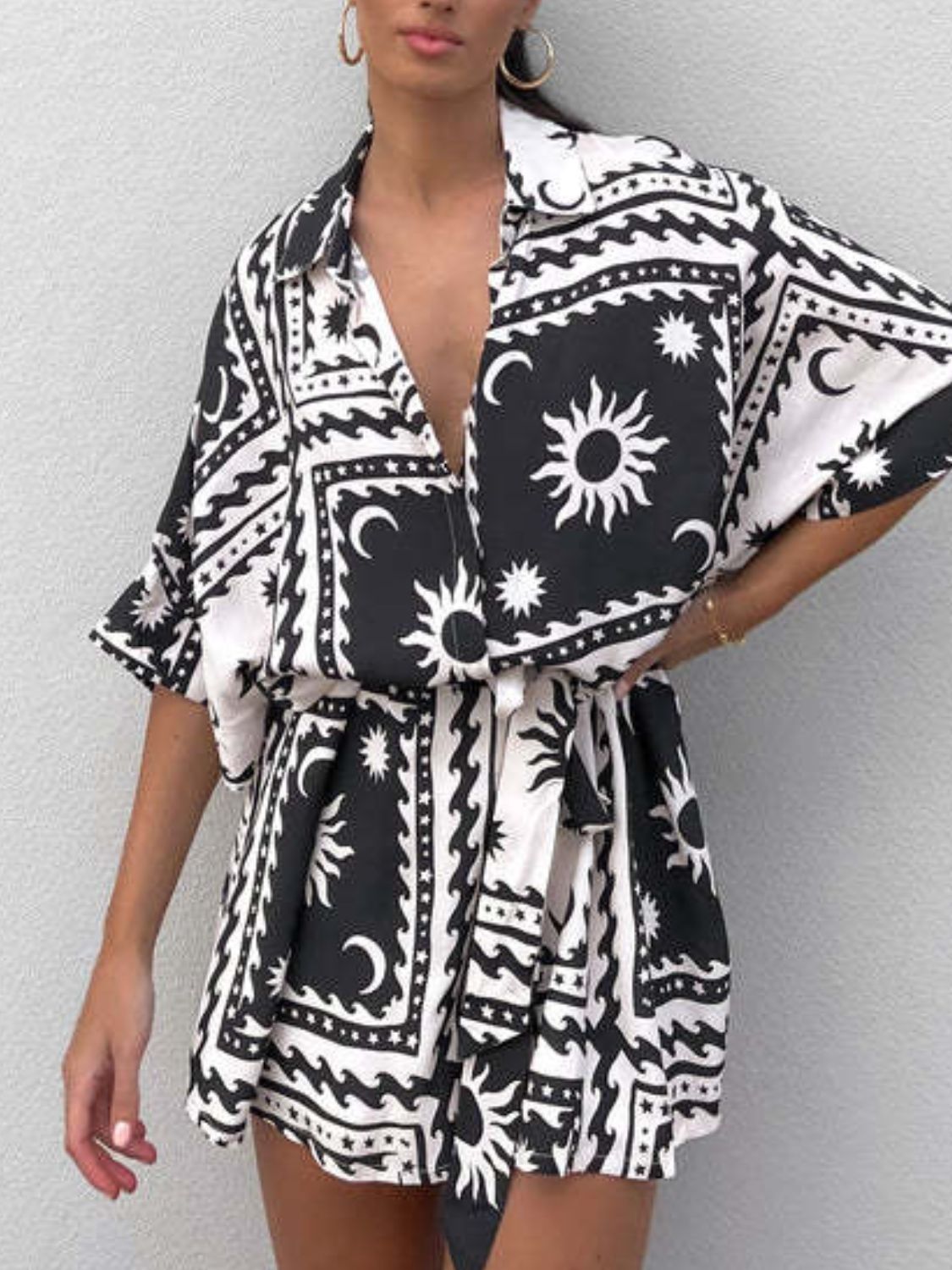 Printed Tie Waist Half Sleeve Romper