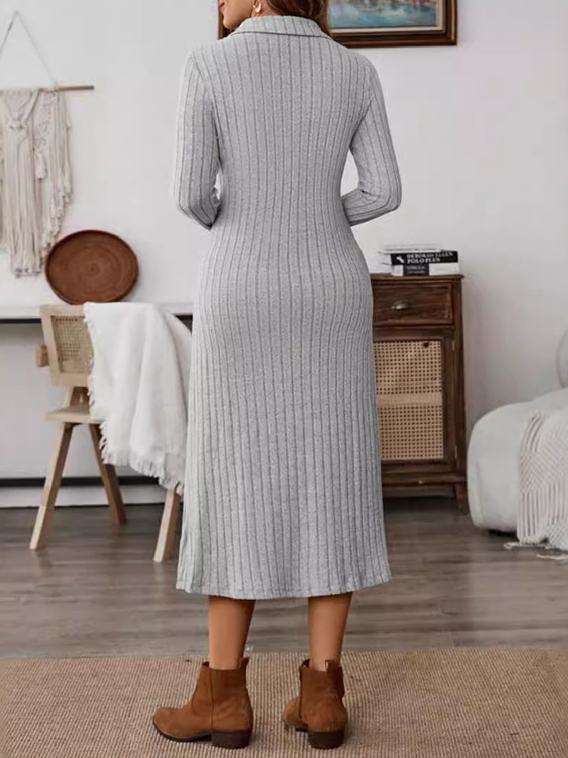 Collared Neck Long Sleeve Midi Dress