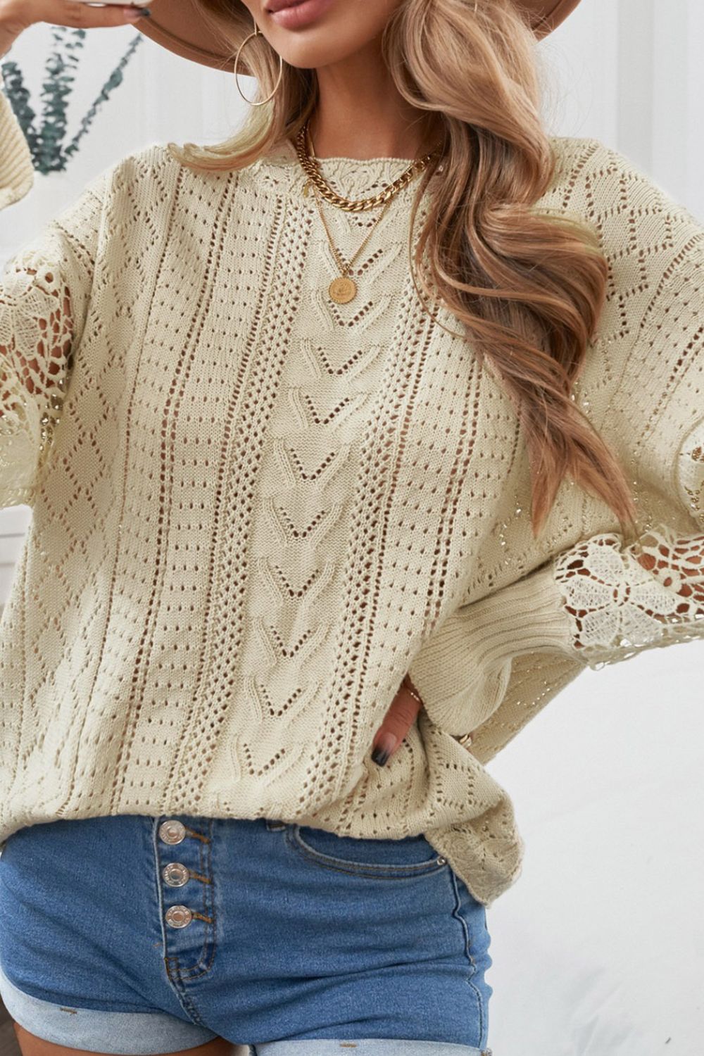 Openwork Round Neck Long Sleeve Sweater