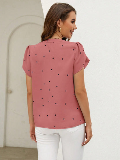 Heart Print Notched Petal Sleeve Blouse