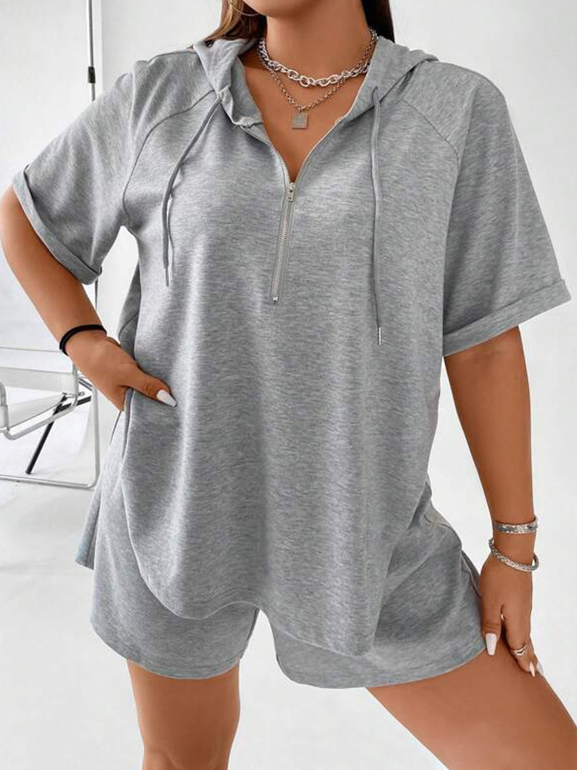 Full Size Drawstring Half Zip Hooded Top and Shorts Set Plus Size