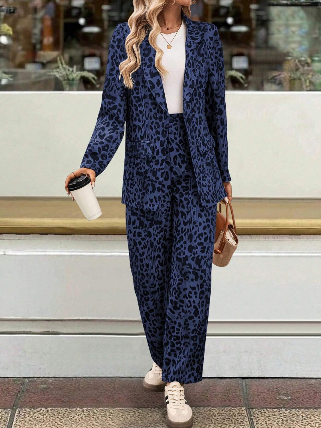 Full Size Leopard Lapel Collar Long Sleeve Blazer and Pants Set