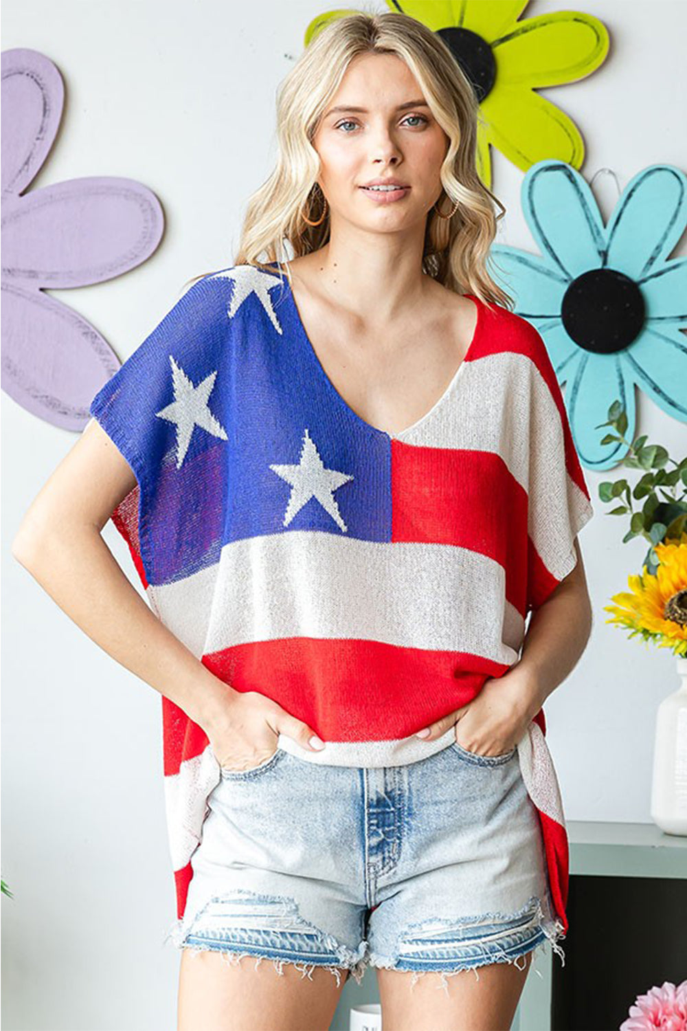 First Love Full Size USA Flag Drop Shoulder Knit Top