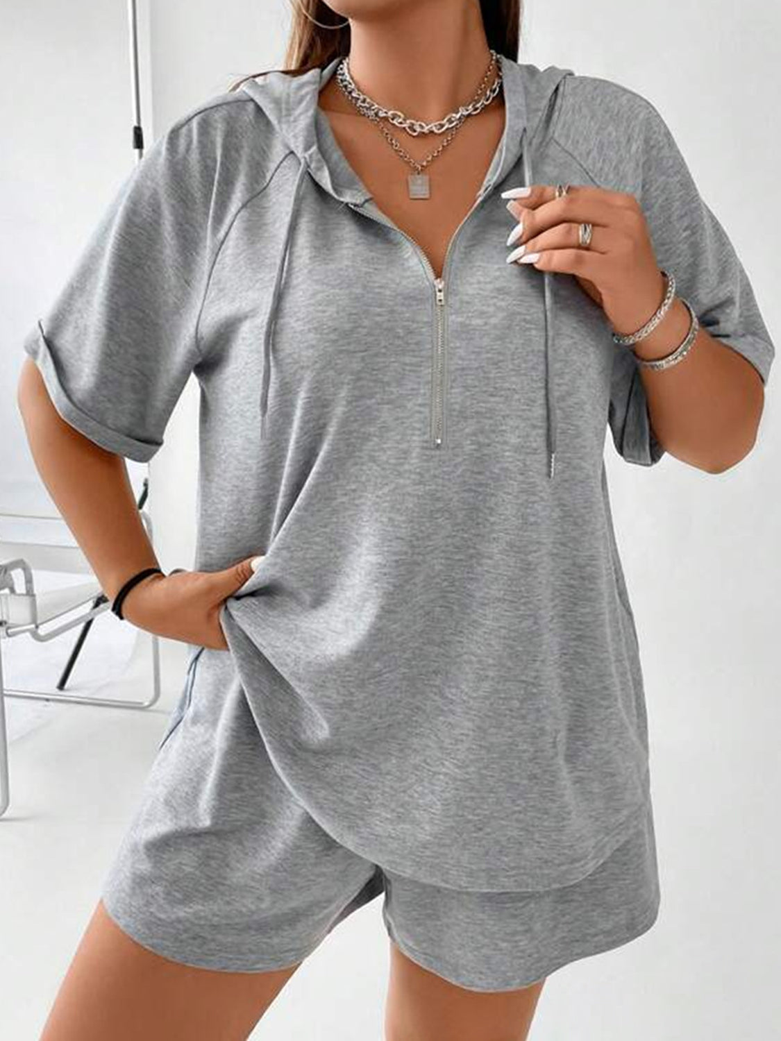 Full Size Drawstring Half Zip Hooded Top and Shorts Set Plus Size