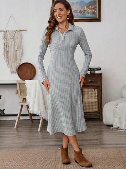 Collared Neck Long Sleeve Midi Dress