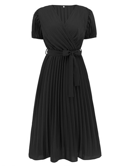 Pleated Surplice Tie Waist Midi Dress