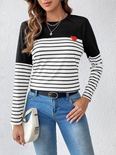 Heart Patch Striped Round Neck Long Sleeve T-Shirt