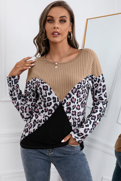 Leopard Patch Color Block Ribbed Top