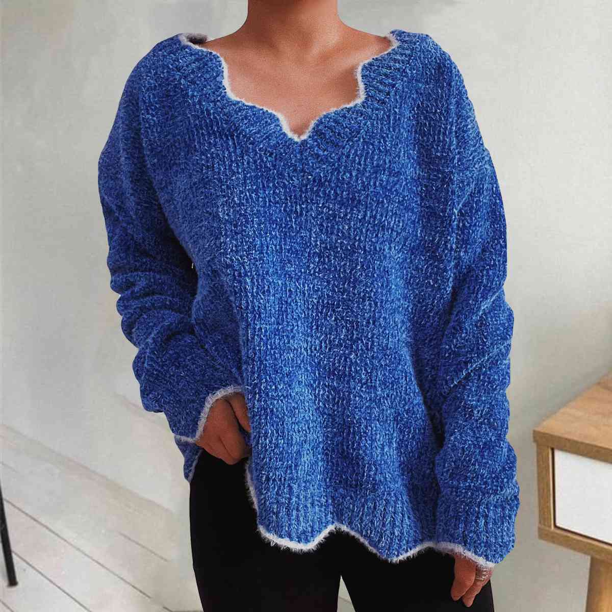 V-Neck Drop Shoulder Long Sleeve Sweater