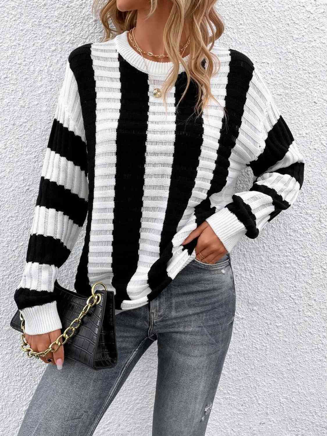 Striped Round Neck Long Sleeve Knit Top