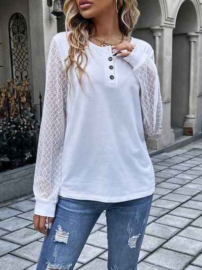 Quarter Button Round Neck Long Sleeve Blouse