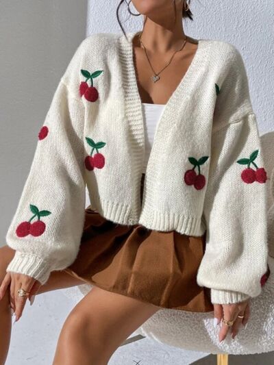 Cherry Graphic Open Front Dropped Shoulder Cardigan
