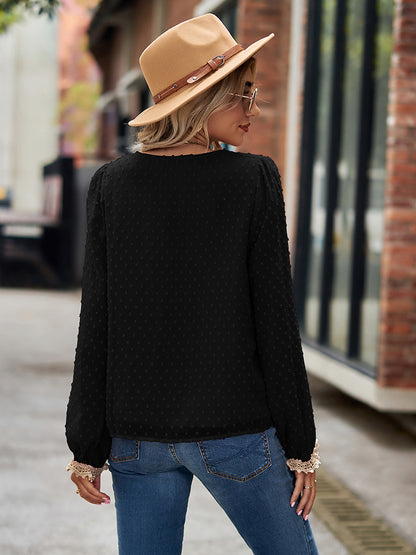 Swiss Dot V-Neck Long Sleeve Blouse