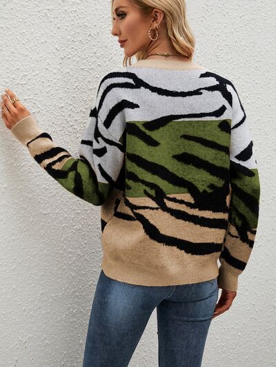 Color Block Animal Print Dropped Shoulder Sweater