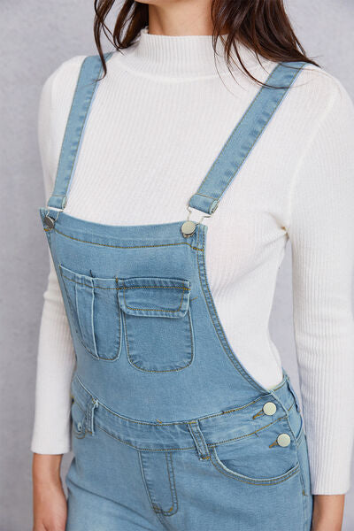 Distressed Washed Denim Overalls with Pockets