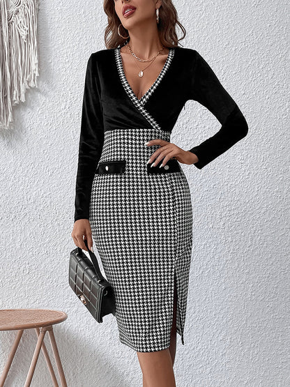 Surplice Neck Houndstooth Dress