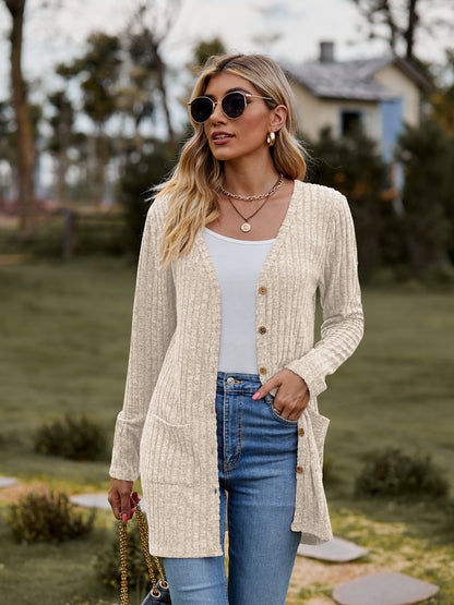 Ribbed Button-UP Cardigan with Pockets