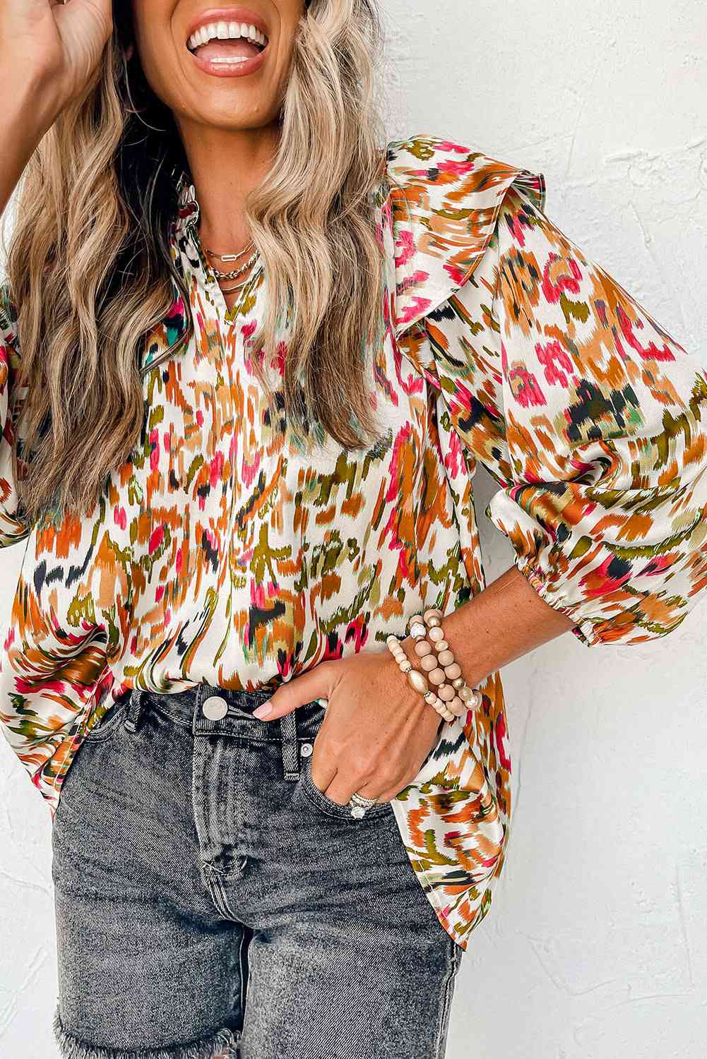 Printed Nochted Neck Ruffled Blouse