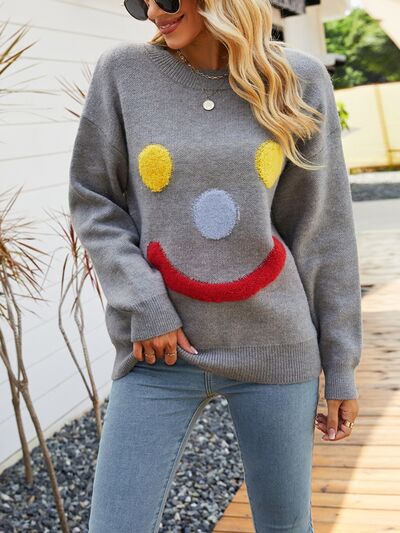 Smile Pattern Round Neck Dropped Shoulder Sweater