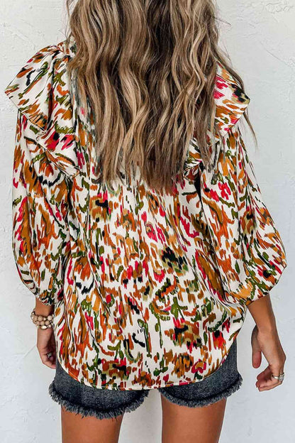 Printed Nochted Neck Ruffled Blouse