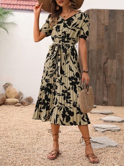 Tied Printed V-Neck Short Sleeve Pleated Dress