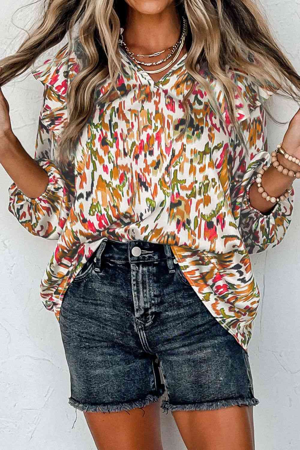 Printed Nochted Neck Ruffled Blouse