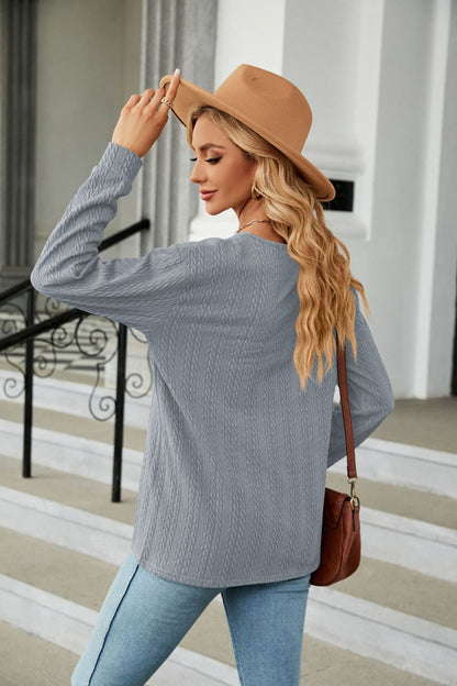 Decorative Button V-Neck Long Sleeve T-Shirt