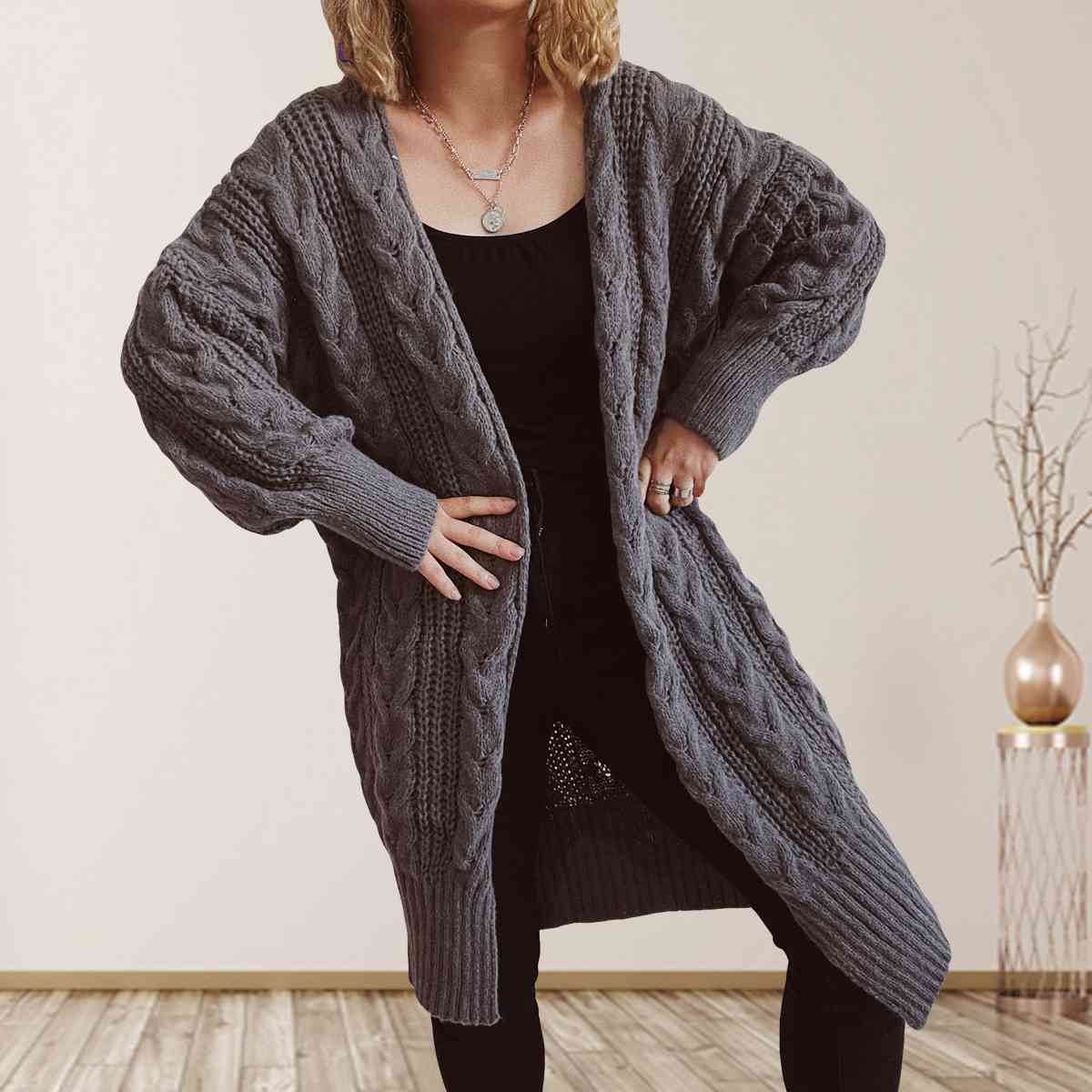 Cable-Knit Open Front Dropped Shoulder Cardigan
