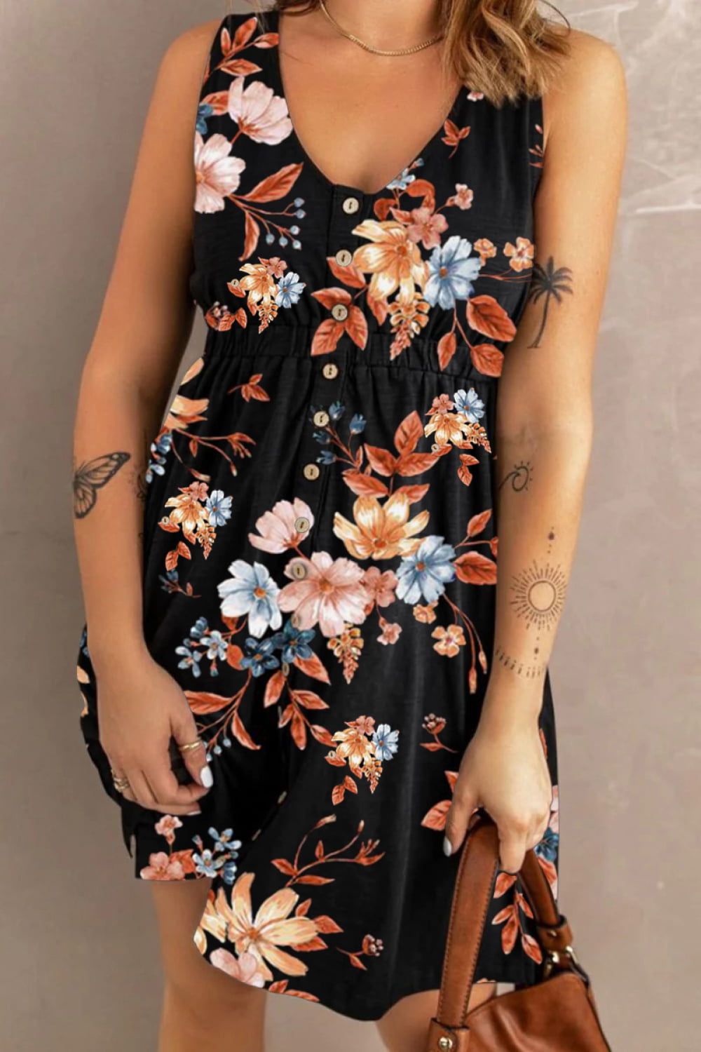 Double Take Printed Scoop Neck Sleeveless Buttoned Magic Dress with Pockets