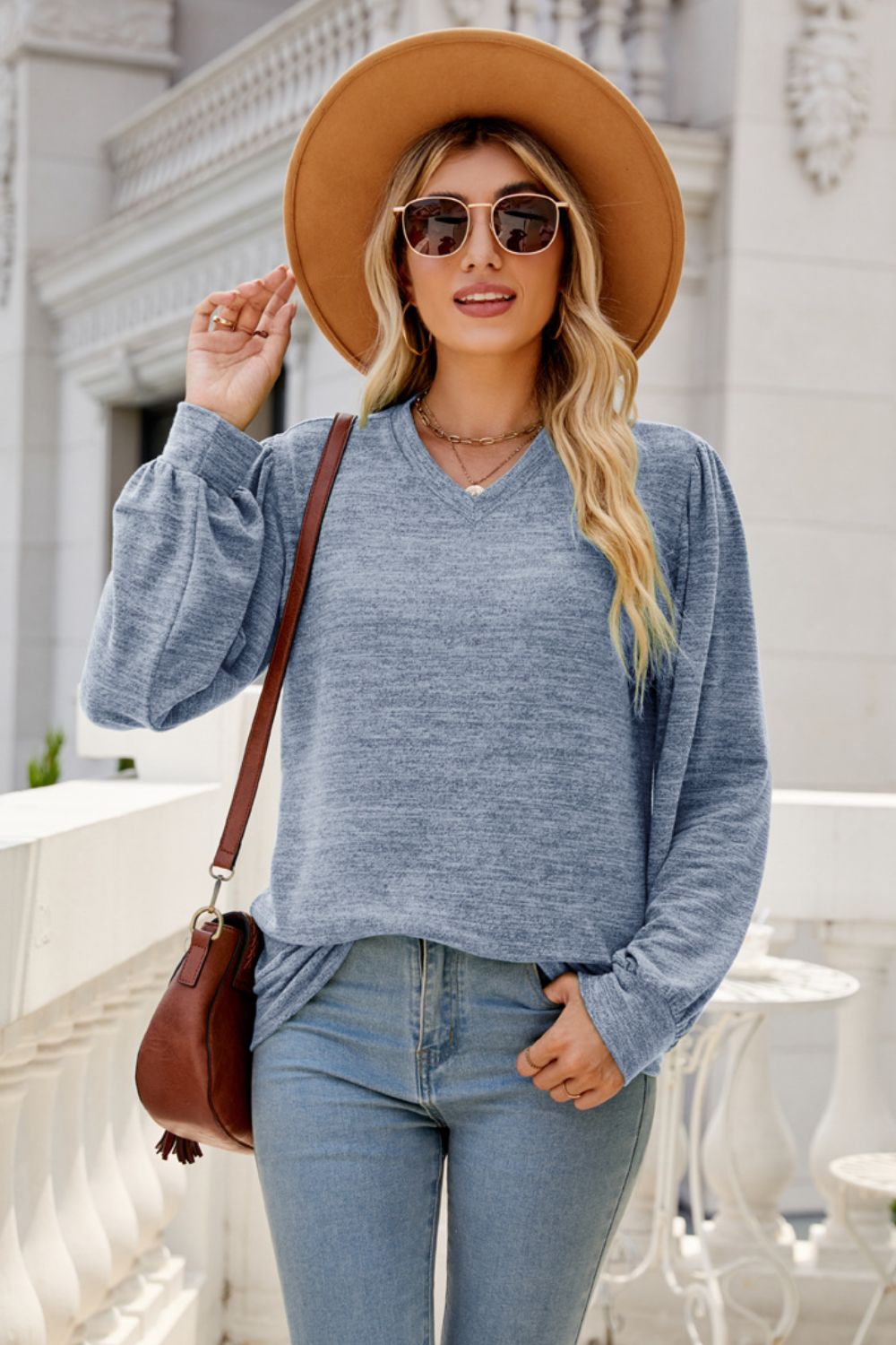 Long Puff Sleeve V-Neck Top