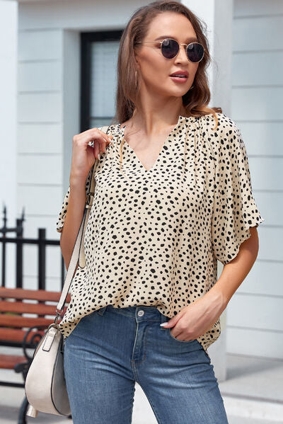 Ruched Printed Notched Half Sleeve Blouse