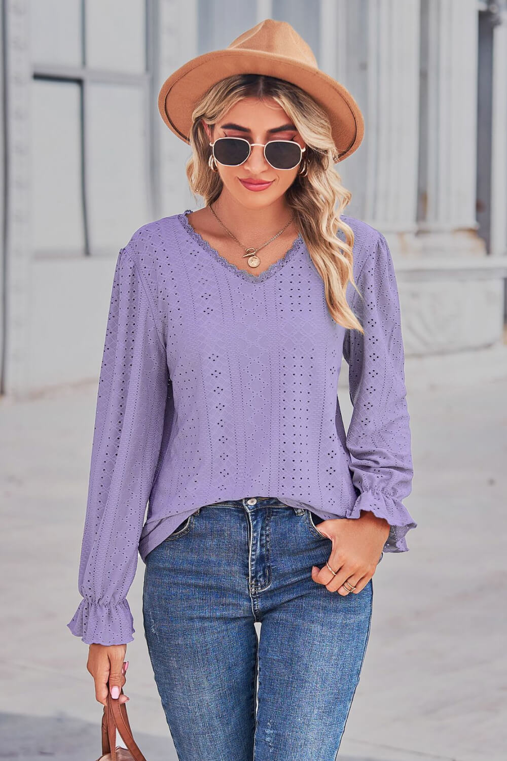 Lace Trim V-Neck Flounce Sleeve Top