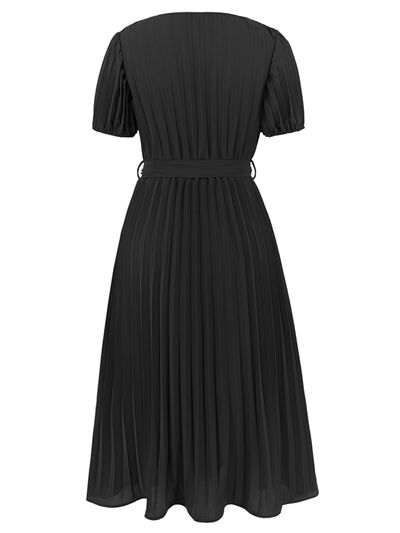 Pleated Surplice Tie Waist Midi Dress