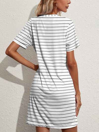 Pocketed Striped Round Neck Short Sleeve Dress