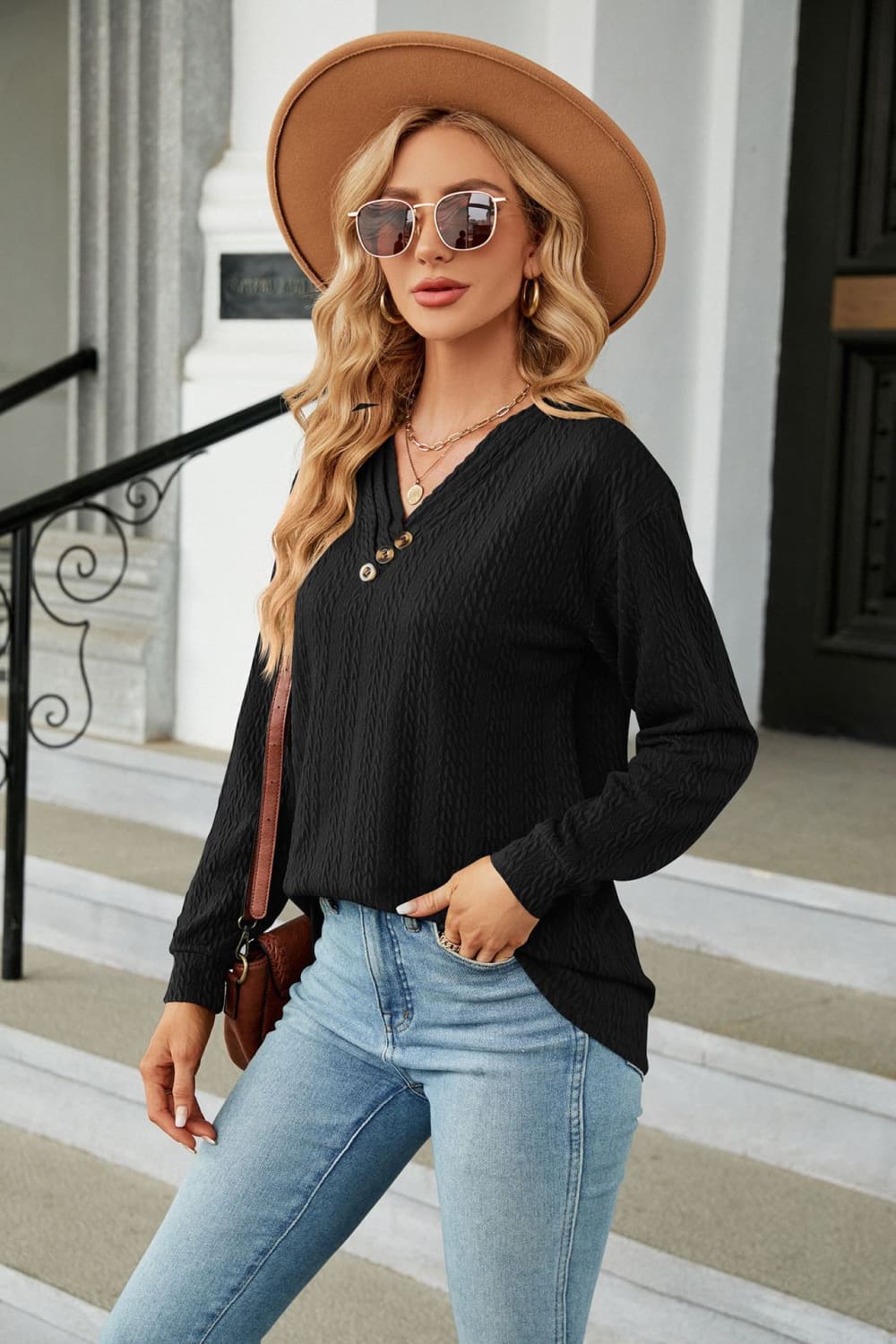 Decorative Button V-Neck Long Sleeve T-Shirt