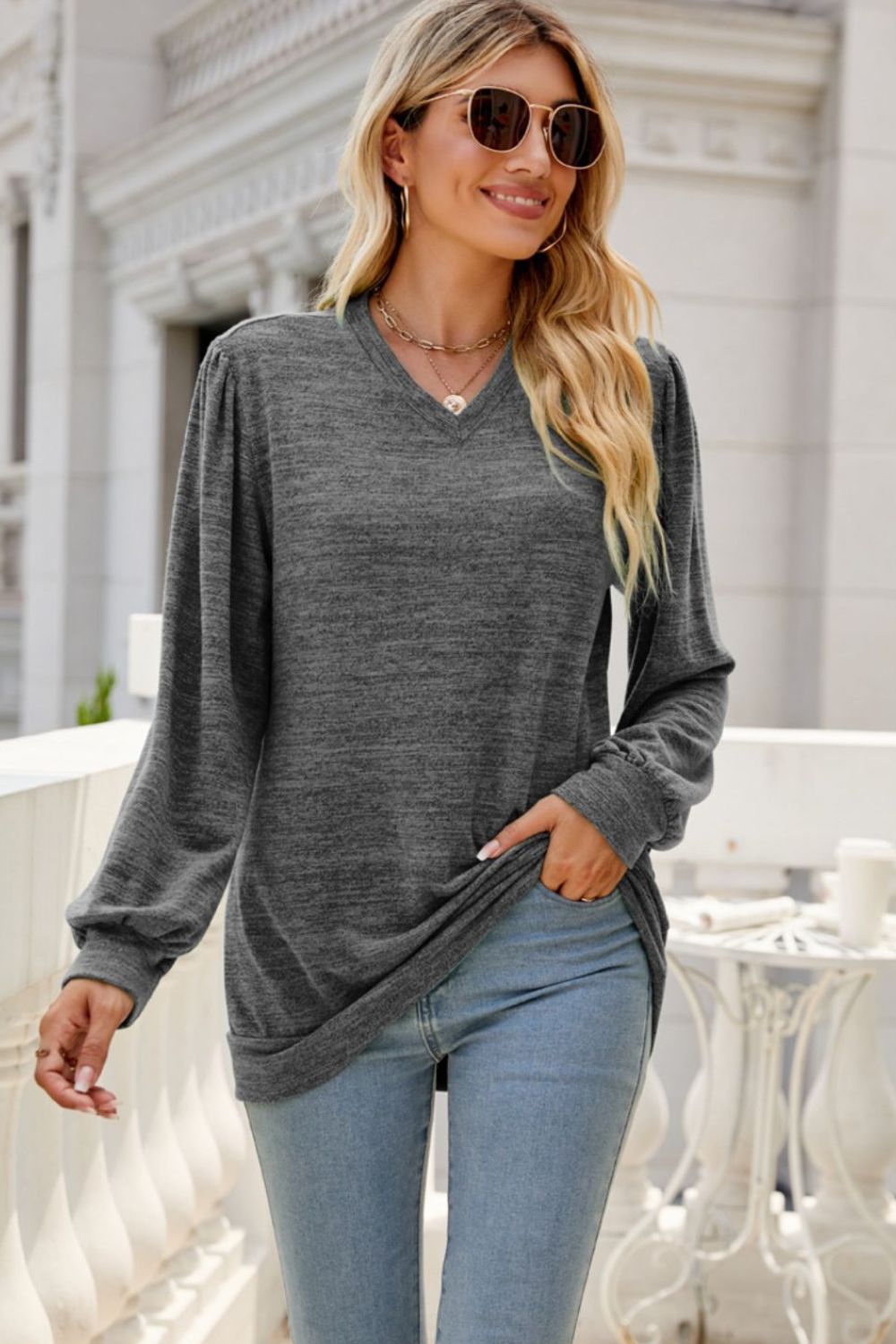 Long Puff Sleeve V-Neck Top