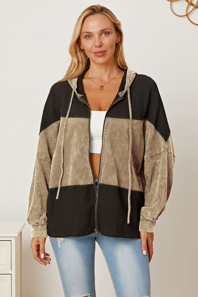 Waffle-Knit Drawstring Hooded Outerwear