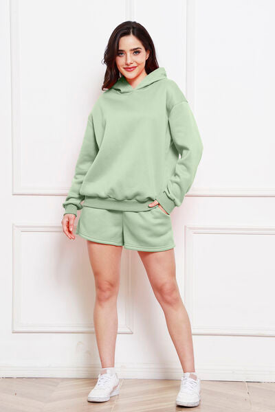 Drop Shoulder Long Sleeve Hoodie and Shorts Set