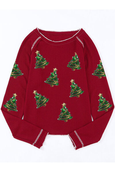 Christmas Tree Sequin Waffle Knit Long Sleeve Sweatshirt